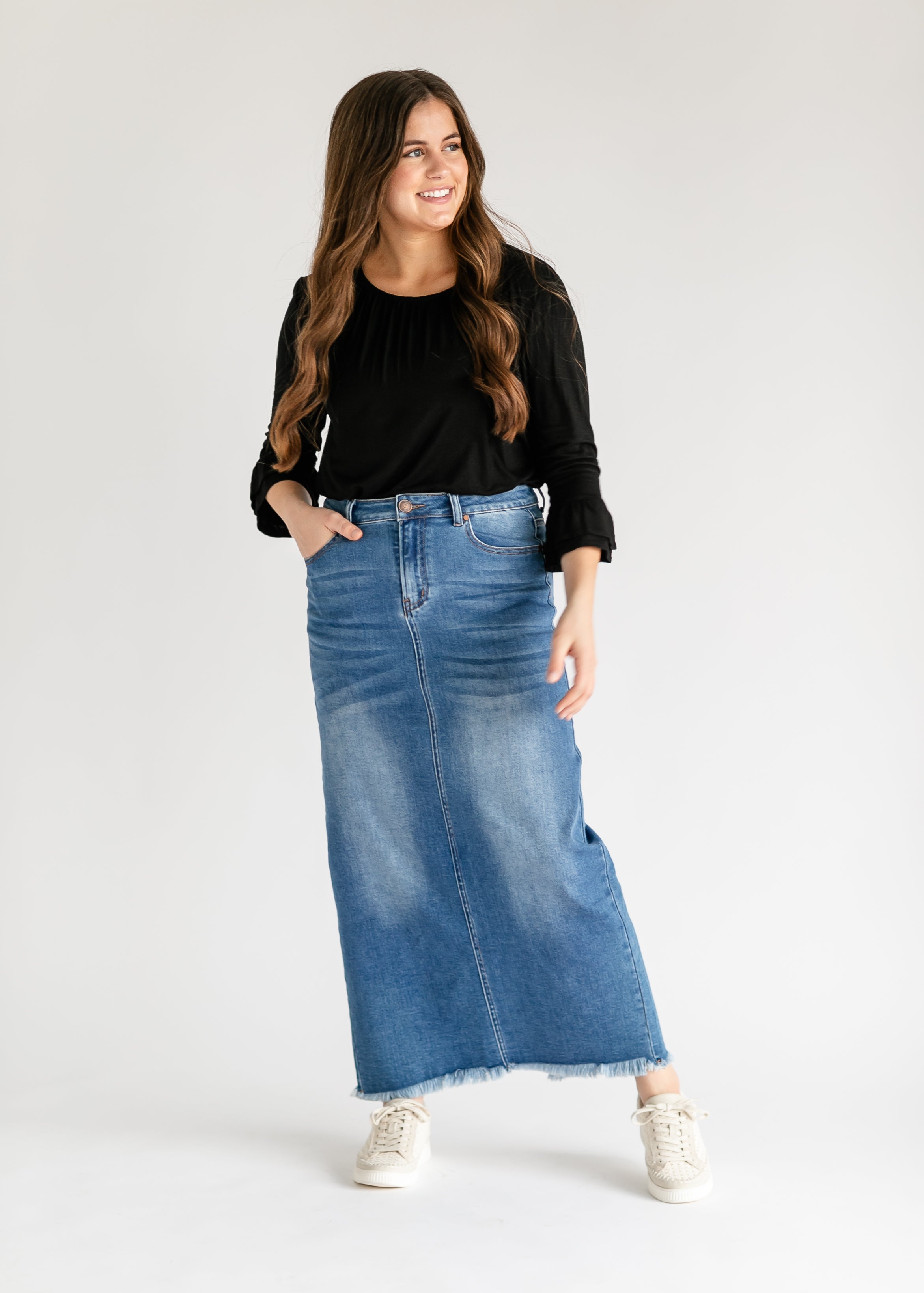 Dakotah Raw Hem Long Denim Skirt Inherit Co.