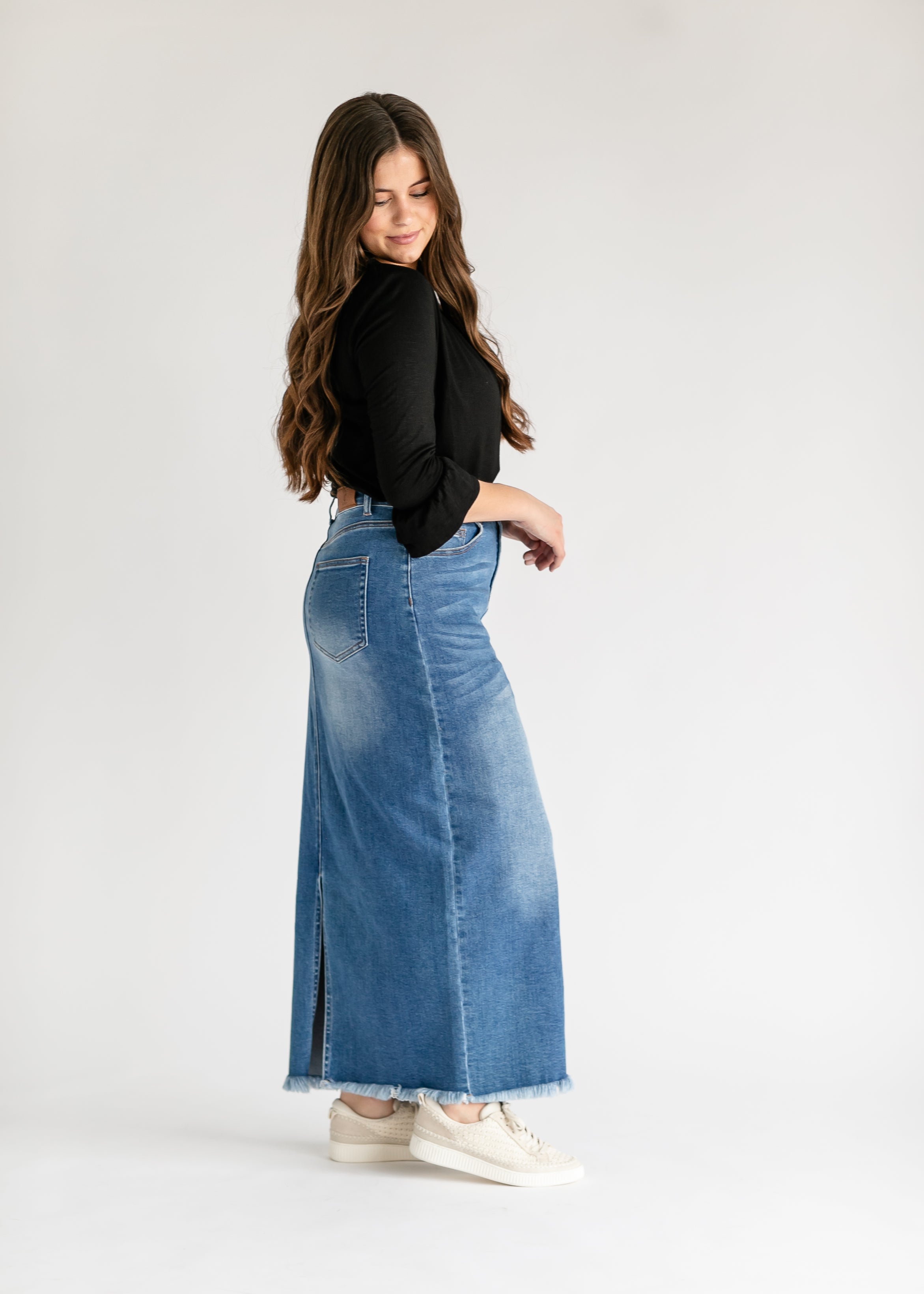 Dakotah Raw Hem Long Denim Skirt Inherit Co.