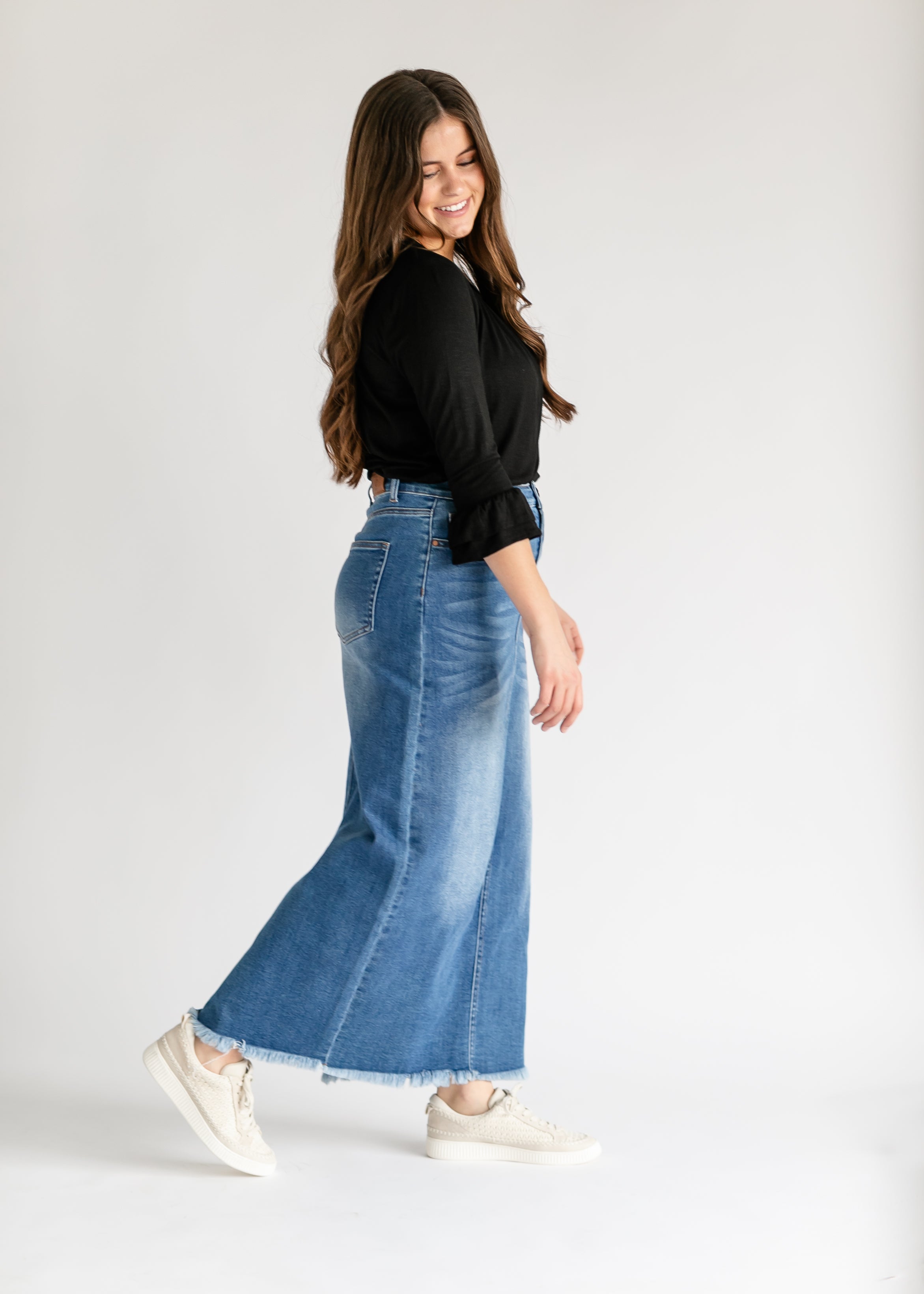 Dakotah Raw Hem Long Denim Skirt Inherit Co.