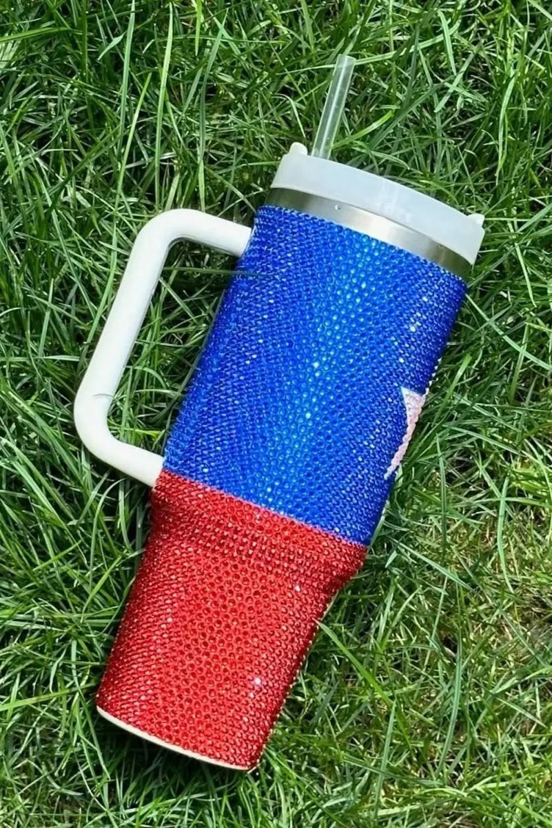 Dark Blue American Flag Star Full Rhinestone Handle Tumbler 40oz - Love Salve 