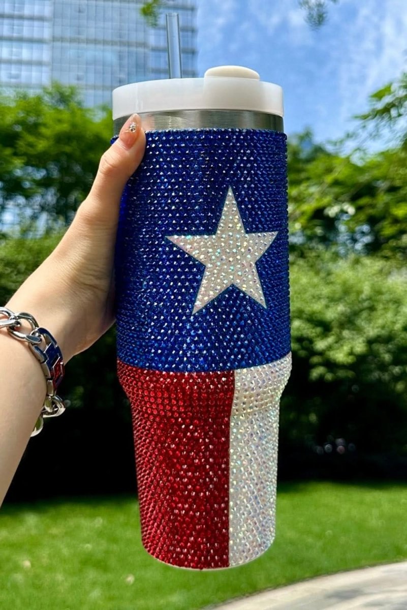Dark Blue American Flag Star Full Rhinestone Handle Tumbler 40oz - Love Salve 