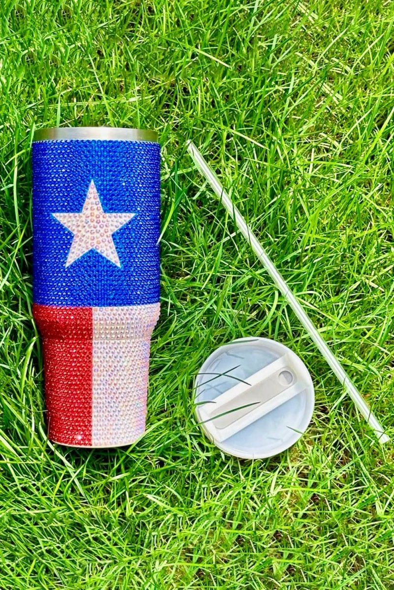 Dark Blue American Flag Star Full Rhinestone Handle Tumbler 40oz - Love Salve 