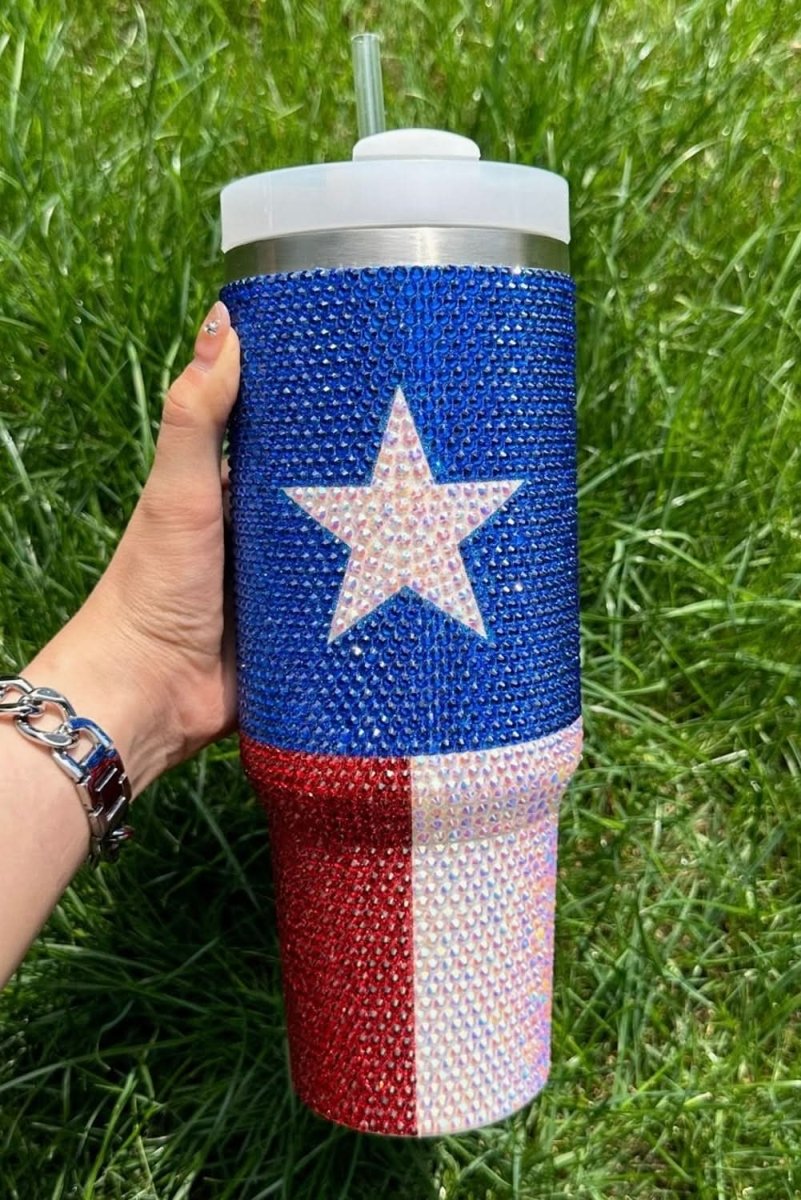 Dark Blue American Flag Star Full Rhinestone Handle Tumbler 40oz - Love Salve 
