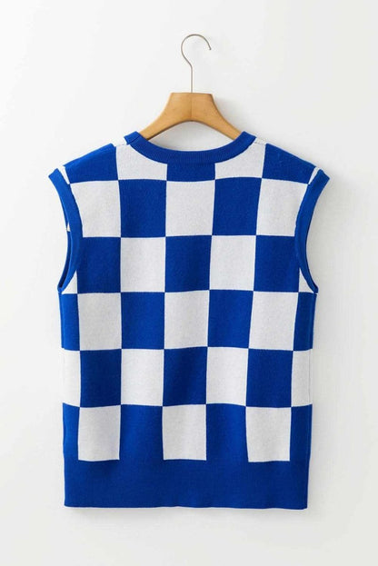 Dark Blue Cherckerboard Round Neck Sweater Vest - Love Salve 