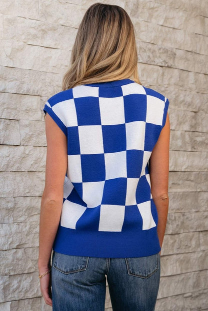 Dark Blue Cherckerboard Round Neck Sweater Vest - Love Salve 