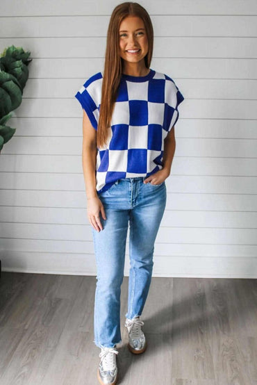 Dark Blue Cherckerboard Round Neck Sweater Vest - Love Salve 