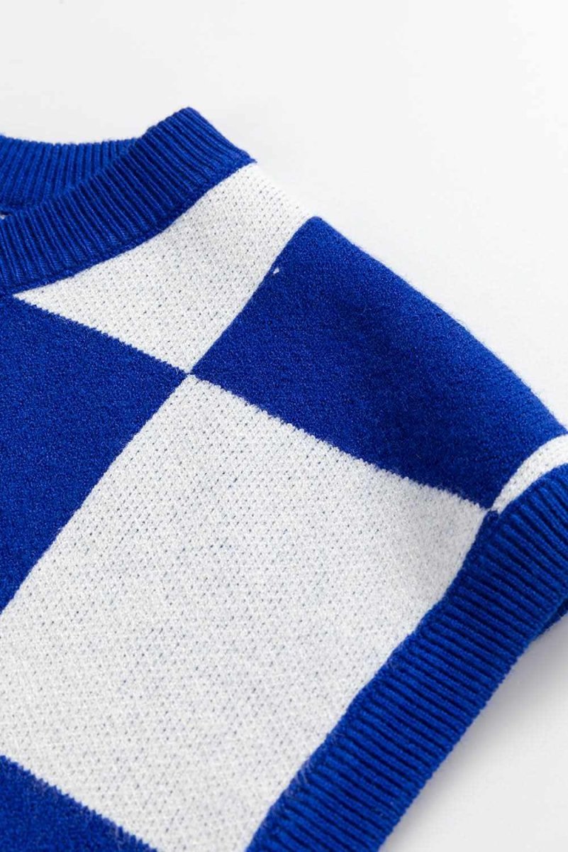 Dark Blue Cherckerboard Round Neck Sweater Vest - Love Salve 