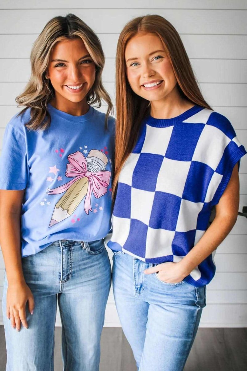 Dark Blue Cherckerboard Round Neck Sweater Vest - Love Salve 