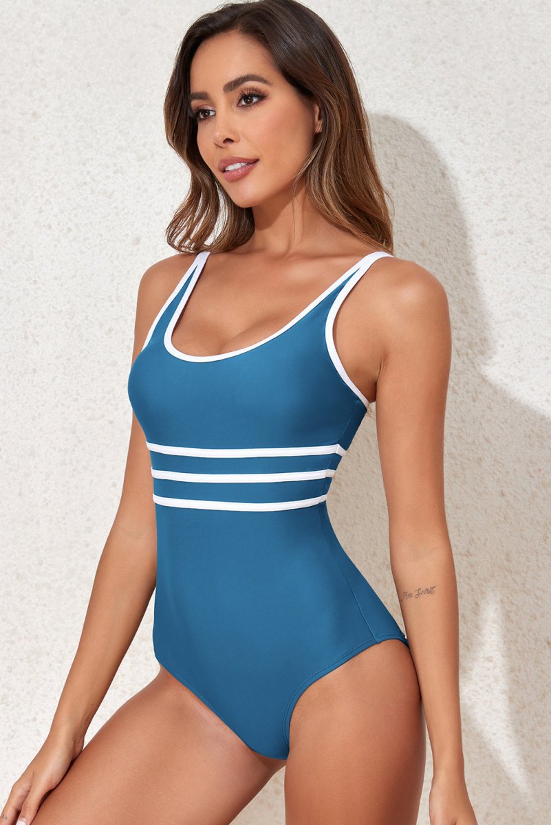 Dark Blue Contrast Trim Colorblock U Neck One Piece Swimwear - Love Salve