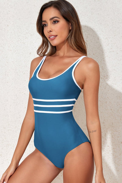 Dark Blue Contrast Trim Colorblock U Neck One Piece Swimwear - Love Salve