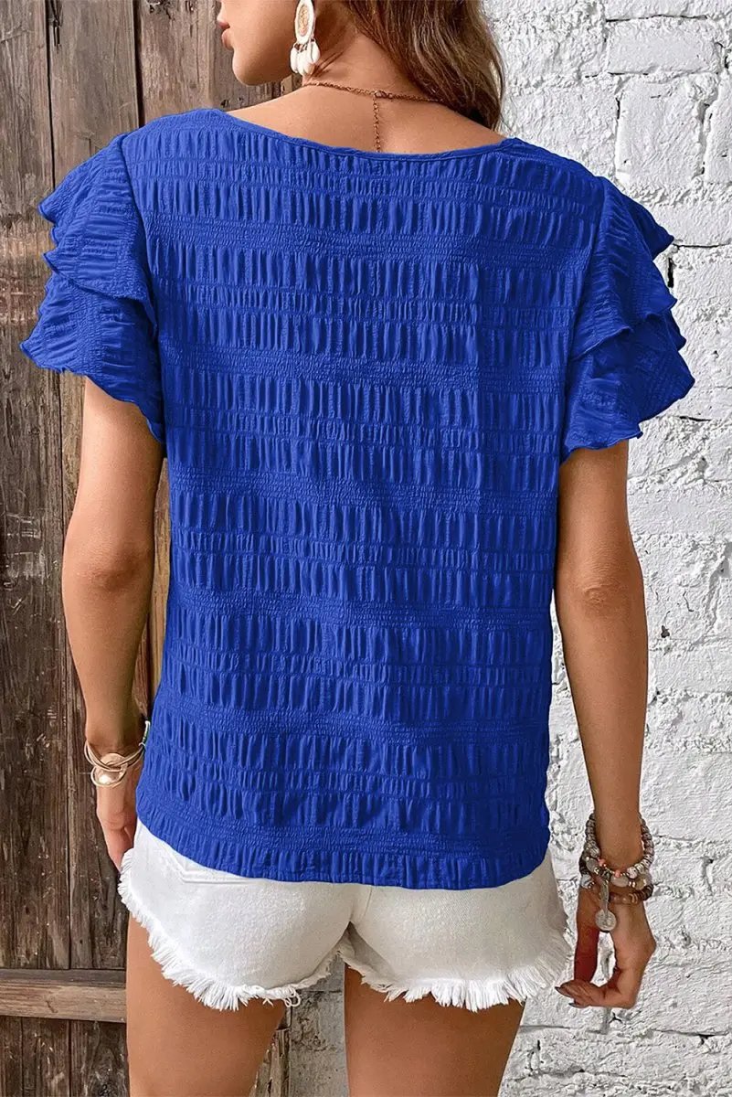 Dark Blue Textured Ruffled Sleeve Round Neck Top for Women - Love Salve 