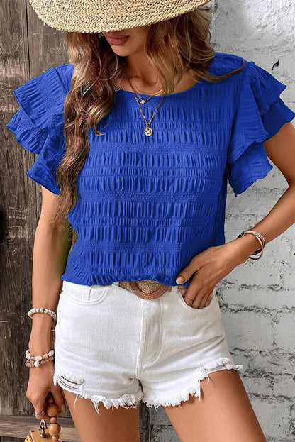 Dark Blue Textured Ruffled Sleeve Round Neck Top for Women - Love Salve 