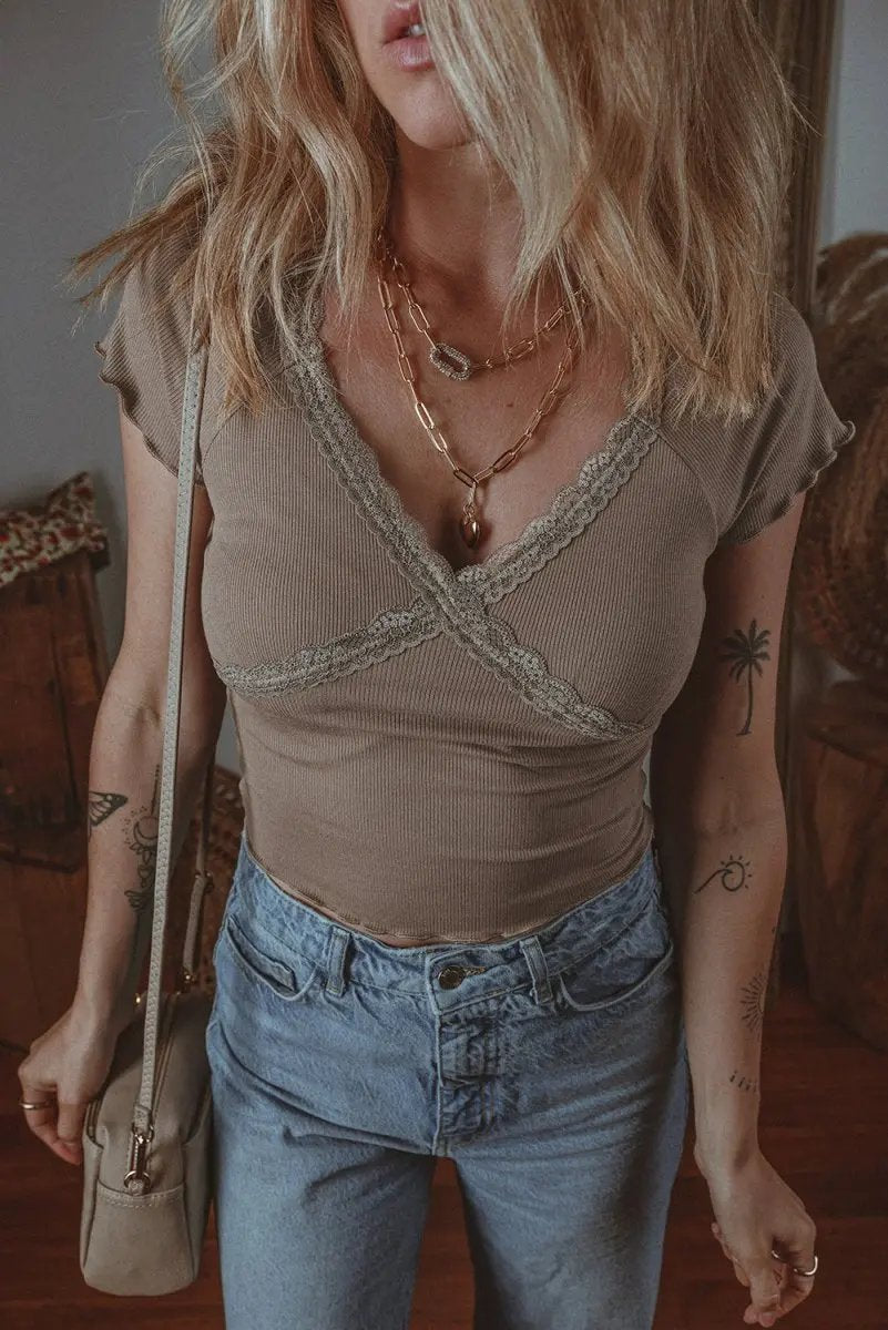 Dark Brown Lace Splicing Criss Cross Slim Fit V Neck T Shirt - Love Salve 