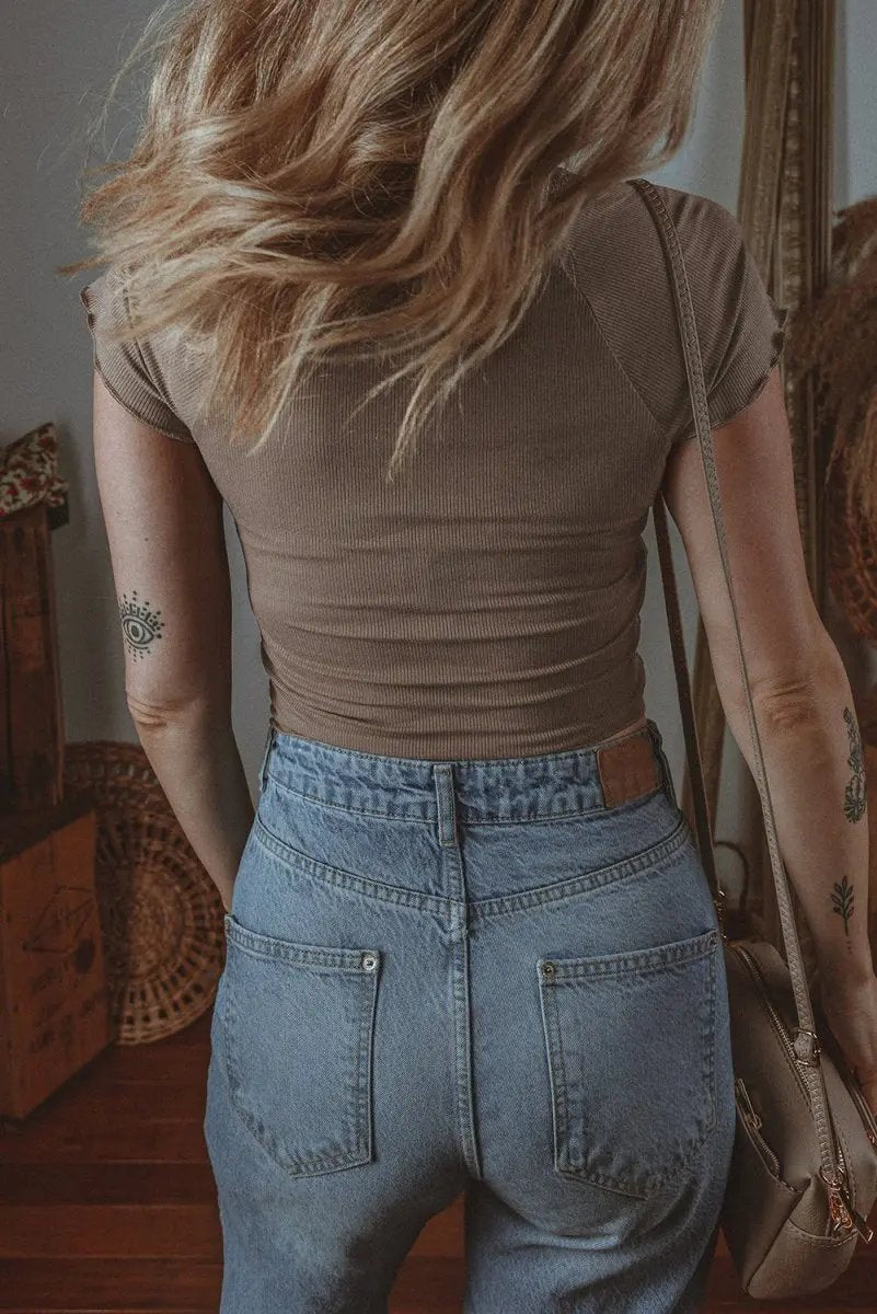 Dark Brown Lace Splicing Criss Cross Slim Fit V Neck T Shirt - Love Salve 