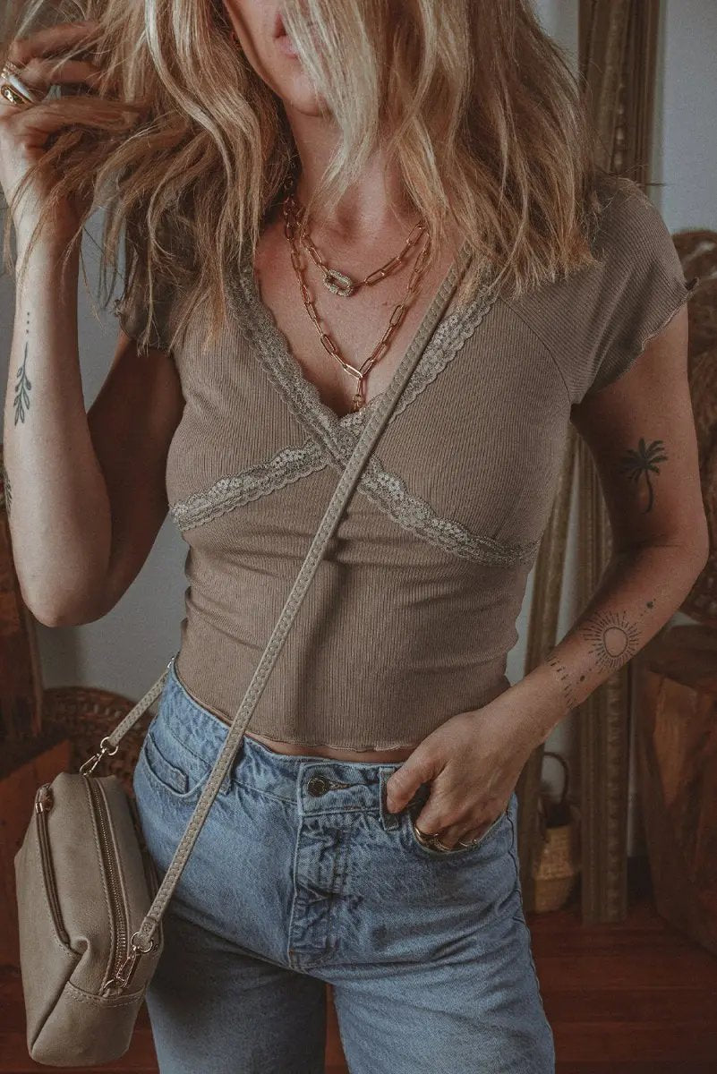 Dark Brown Lace Splicing Criss Cross Slim Fit V Neck T Shirt - Love Salve 