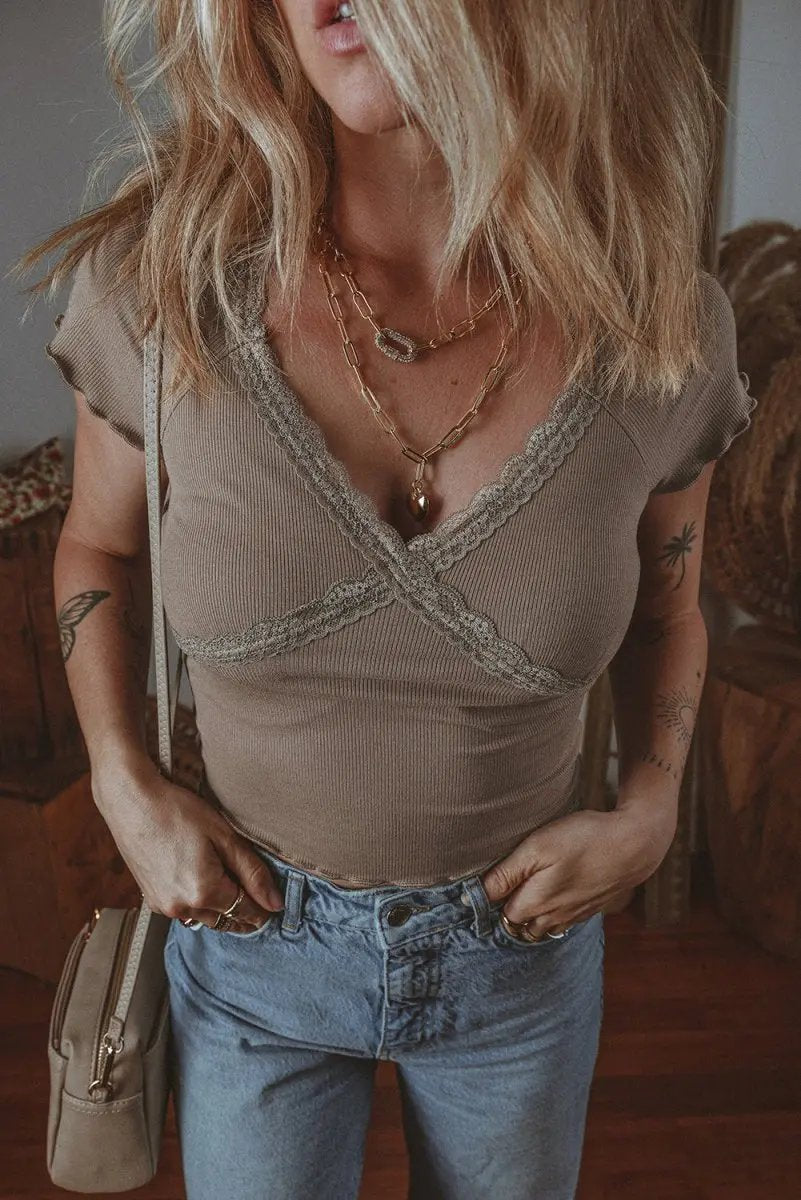 Dark Brown Lace Splicing Criss Cross Slim Fit V Neck T Shirt - Love Salve 