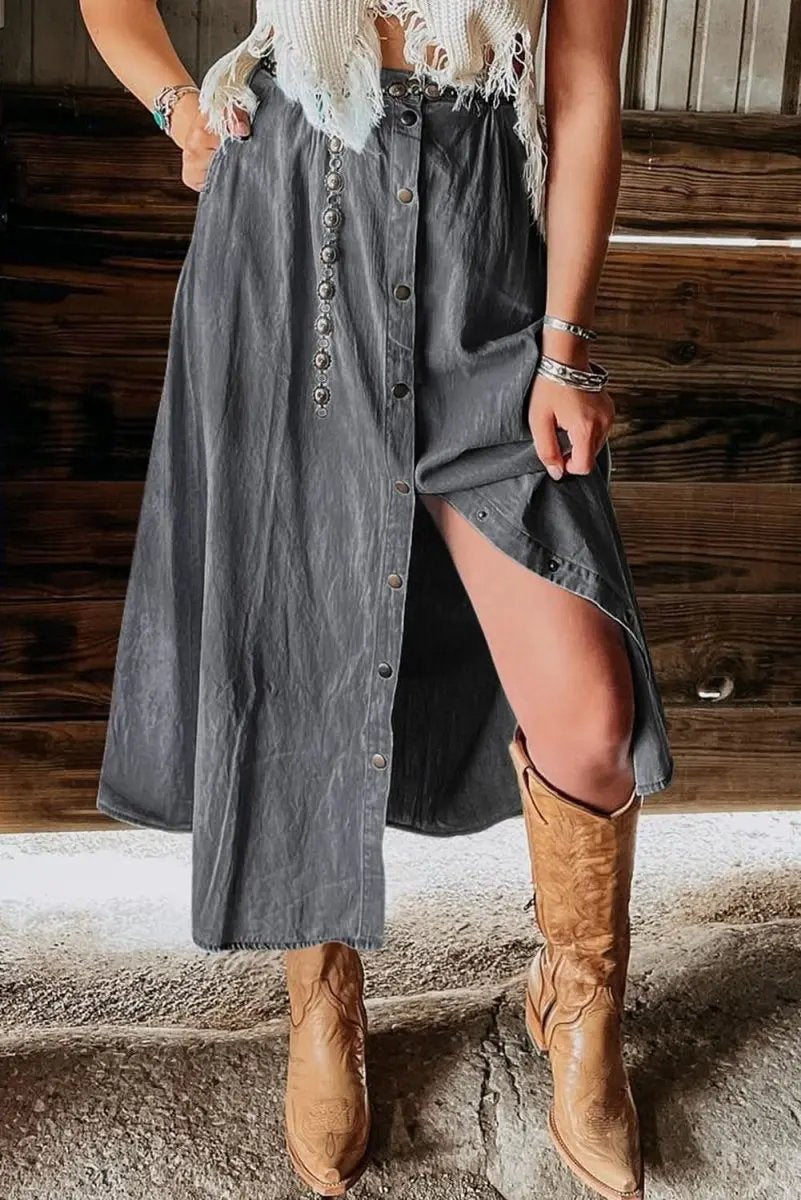 Dark Grey Fully Buttoned Long Denim Skirt - Love Salve 