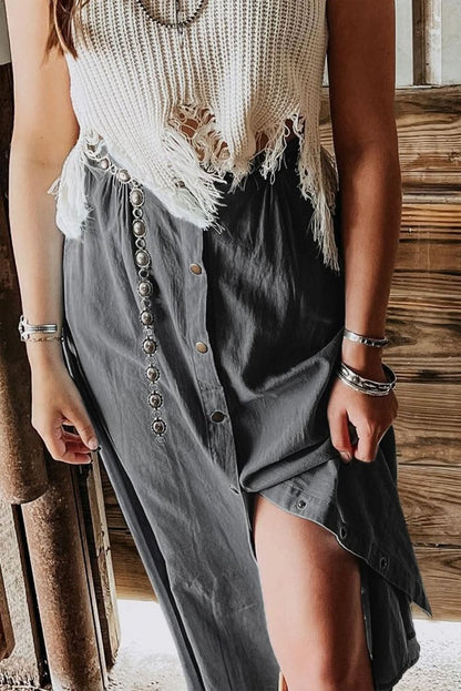 Dark Grey Fully Buttoned Long Denim Skirt - Love Salve