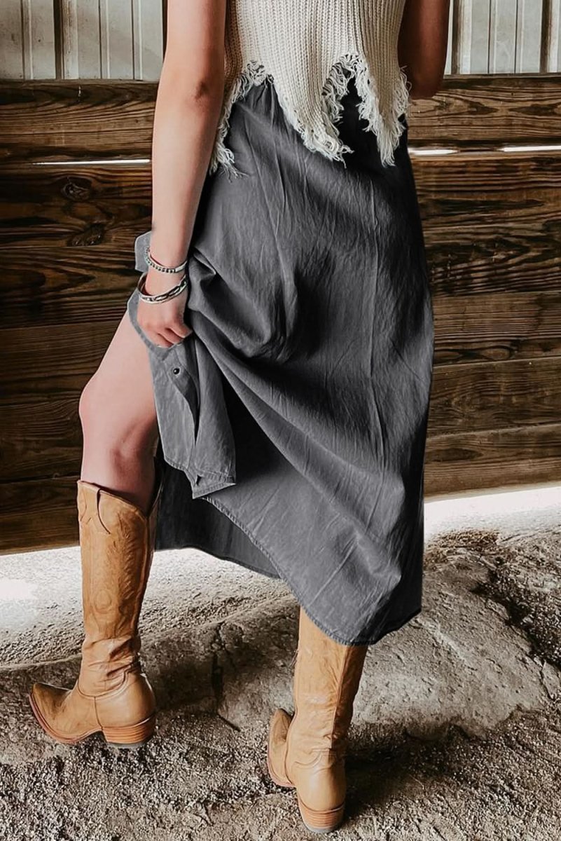 Dark Grey Fully Buttoned Long Denim Skirt - Love Salve