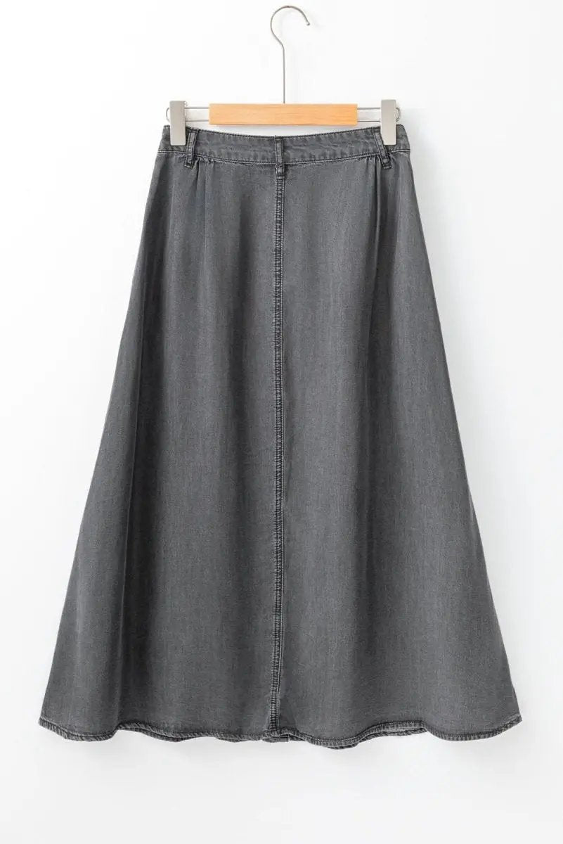 Dark Grey Fully Buttoned Long Denim Skirt - Love Salve 