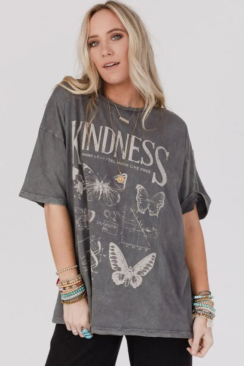 Dark Grey Kindness Butterflies Graphic Mineral Wash Loose Tee - Love Salve 