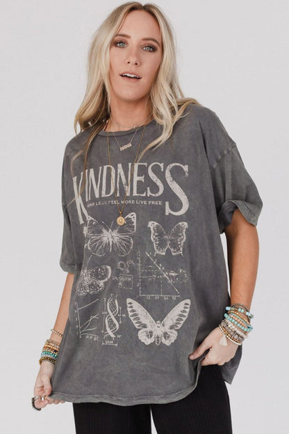 Dark Grey Kindness Butterflies Graphic Mineral Wash Loose Tee - Love Salve 
