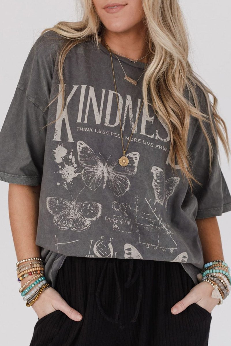 Dark Grey Kindness Butterflies Graphic Mineral Wash Loose Tee - Love Salve 