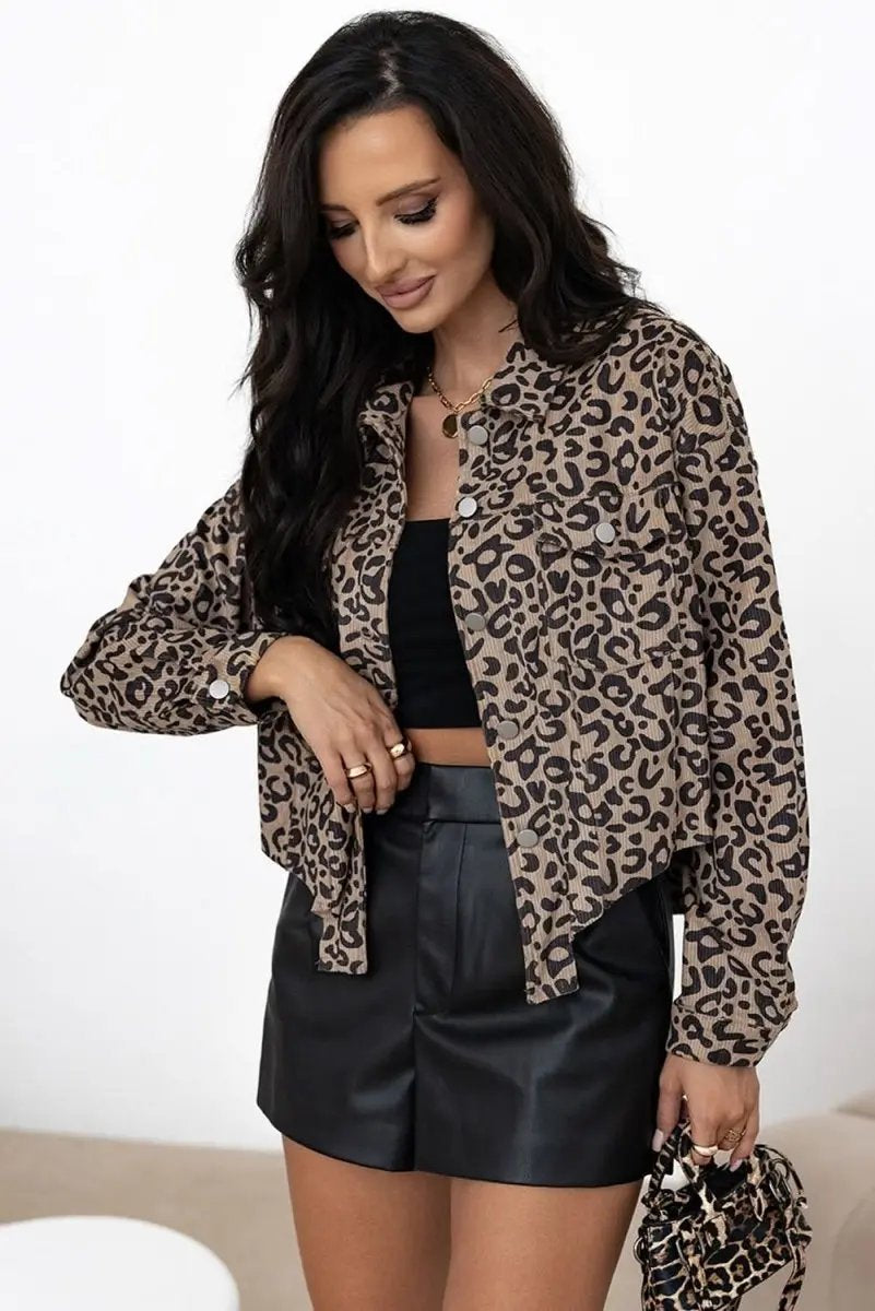 Dark Khaki Leopard Print Corduroy Irregular Hem Buttoned Jacket - Love Salve 