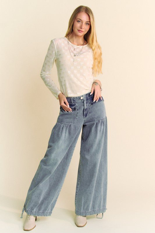 Davi & Dani Bow Mesh Round Neck Long Sleeve Top For Women - Love Salve 