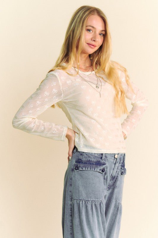 Davi & Dani Bow Mesh Round Neck Long Sleeve Top For Women - Love Salve 