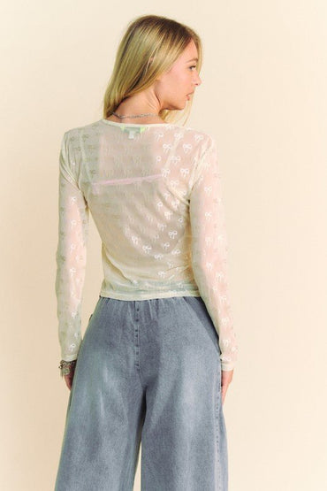 Davi & Dani Bow Mesh Round Neck Long Sleeve Top For Women - Love Salve 