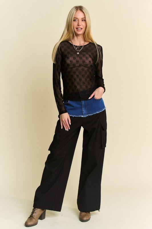 Davi & Dani Bow Mesh Round Neck Long Sleeve Top for Women - Love Salve 