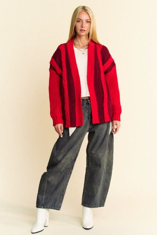 Davi & Dani Cable-Knit Color Block Open Front Cardigan - Love Salve 