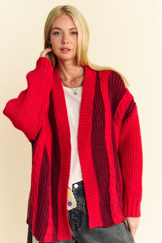 Davi & Dani Cable-Knit Color Block Open Front Cardigan - Love Salve 