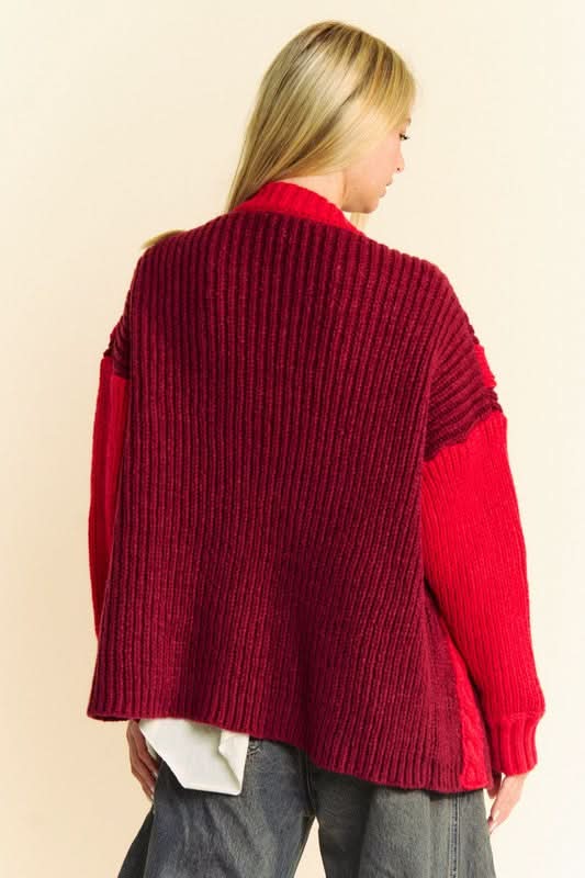 Davi & Dani Cable-Knit Color Block Open Front Cardigan - Love Salve 