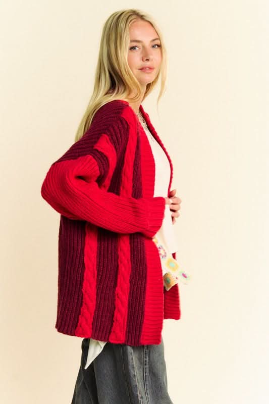 Davi & Dani Cable-Knit Color Block Open Front Cardigan - Love Salve 