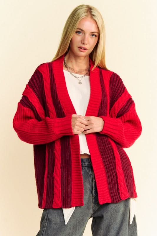 Davi & Dani Cable-Knit Color Block Open Front Cardigan - Love Salve 