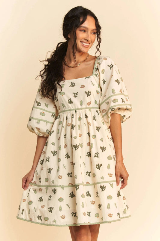Davi & Dani Cactus Printed Poplin Contrast Piping Mini Dress - Love Salve 