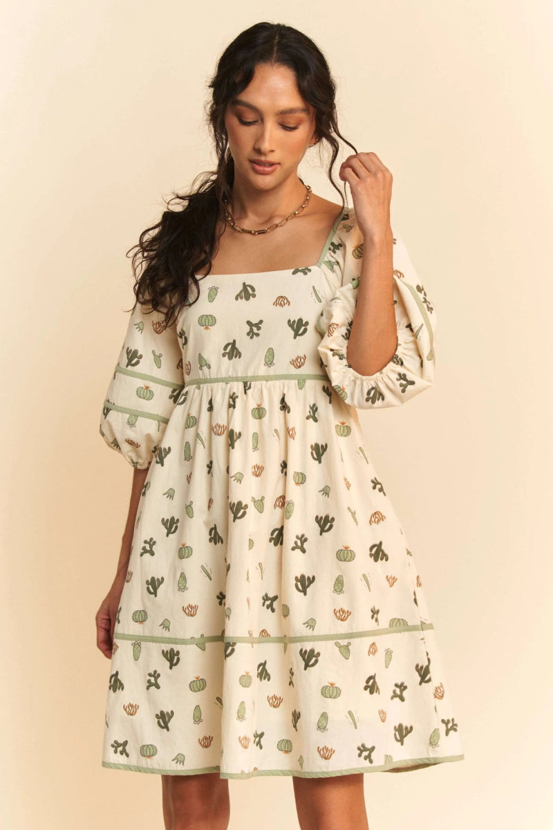 Davi & Dani Cactus Printed Poplin Contrast Piping Mini Dress - Love Salve 