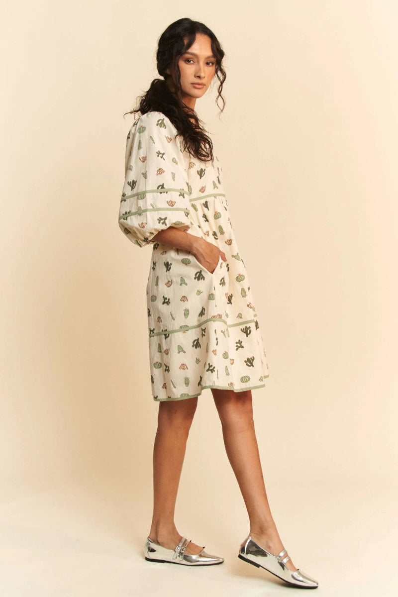 Davi & Dani Cactus Printed Poplin Contrast Piping Mini Dress - Love Salve 