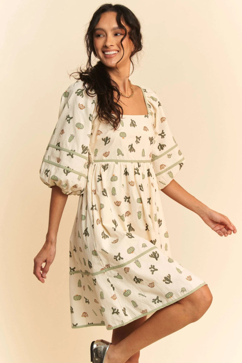 Davi & Dani Cactus Printed Poplin Contrast Piping Mini Dress - Love Salve 