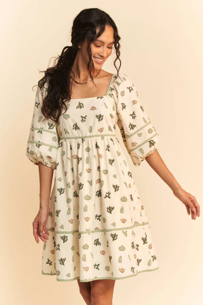 Davi & Dani Cactus Printed Poplin Contrast Piping Mini Dress - Love Salve 