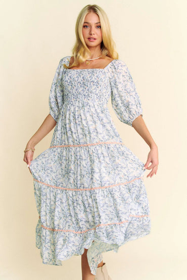 Davi & Dani Contrast Ric Smocking Bodice Tiered Midi Dress - Love Salve