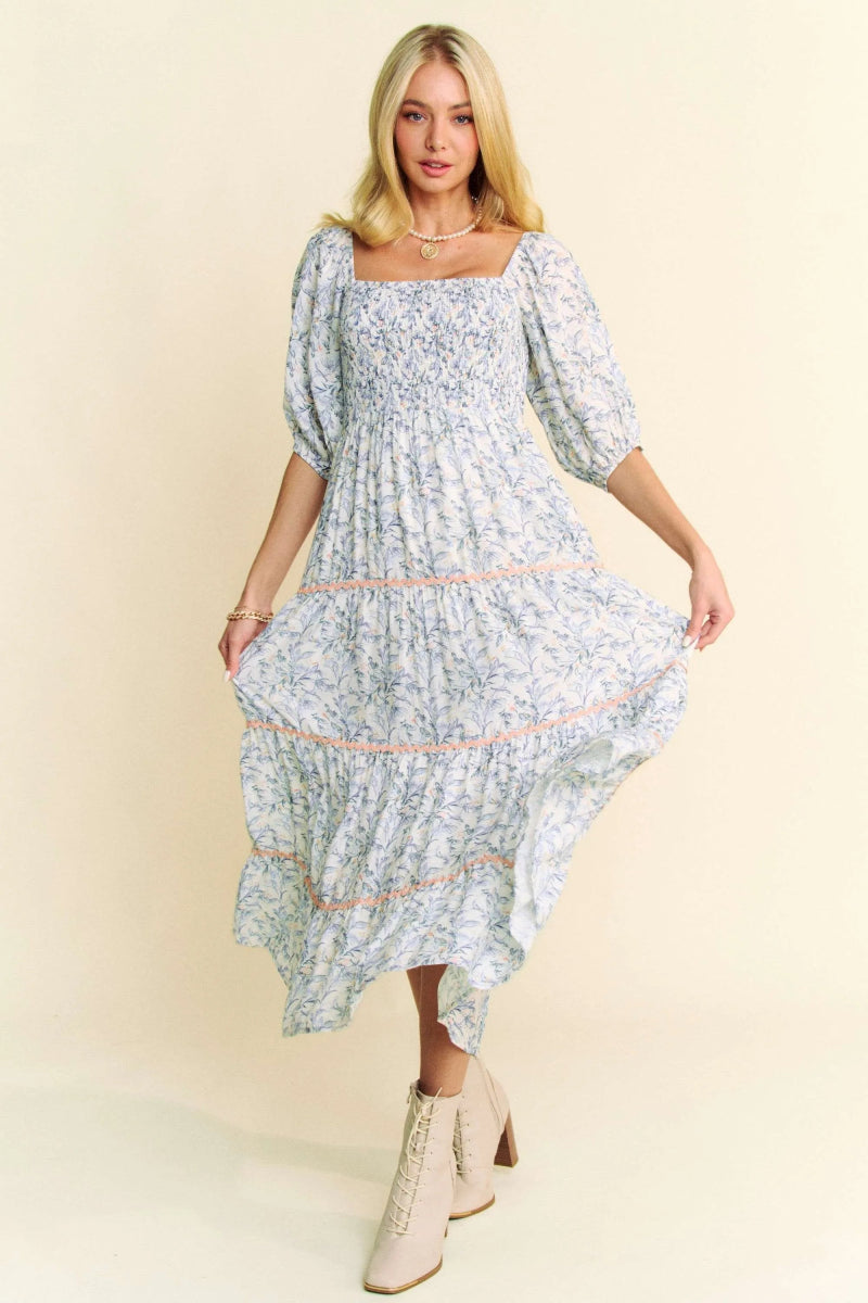 Davi & Dani Contrast Ric Smocking Bodice Tiered Midi Dress - Love Salve