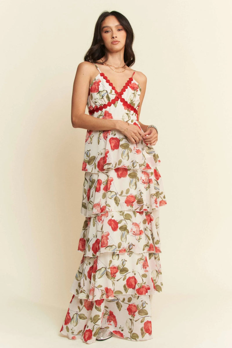 Davi & Dani Contrast Ring Lace Layered Ruffle Maxi Dress - Love Salve 