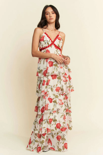 Davi & Dani Contrast Ring Lace Layered Ruffle Maxi Dress - Love Salve 