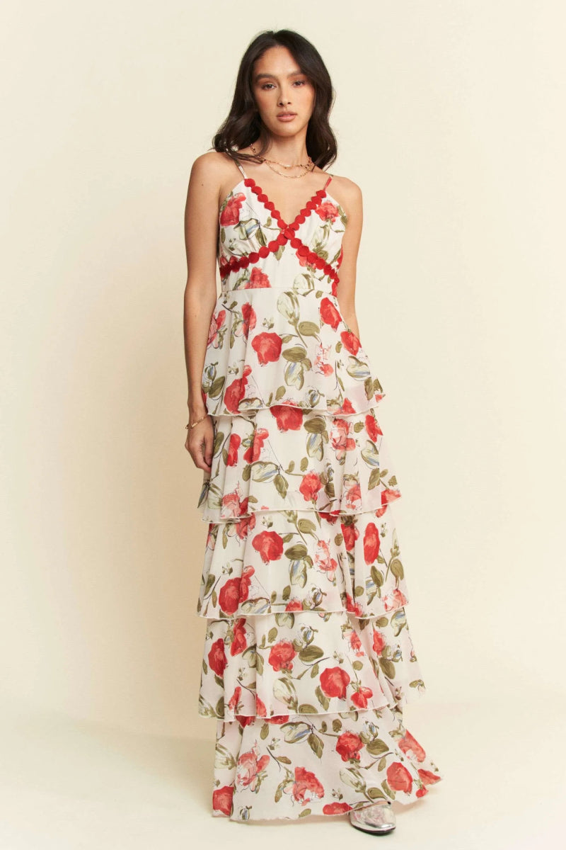 Davi & Dani Contrast Ring Lace Layered Ruffle Maxi Dress - Love Salve 
