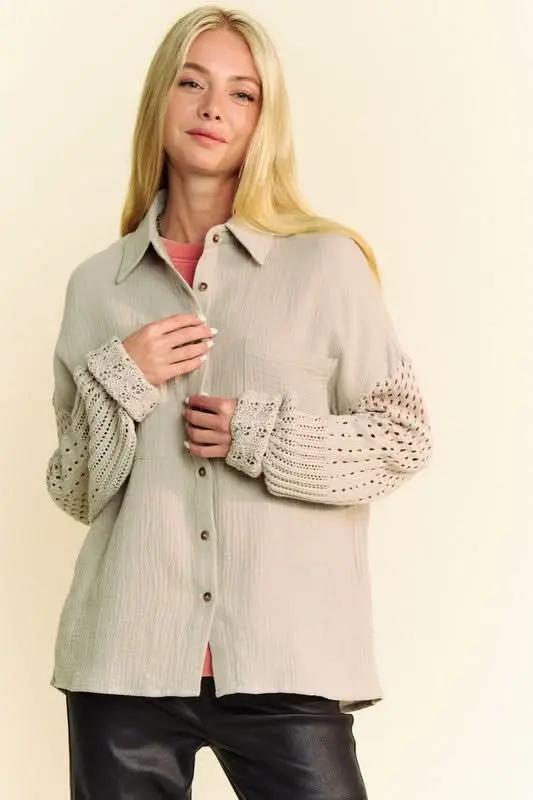 Davi & Dani Crochet Sleeve Crinkled Texture Shirt - Love Salve 