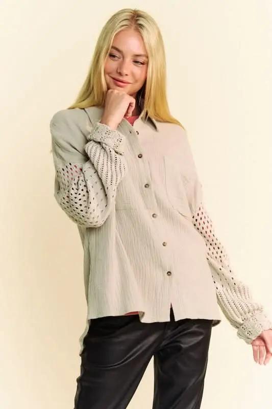 Davi & Dani Crochet Sleeve Crinkled Texture Shirt - Love Salve 