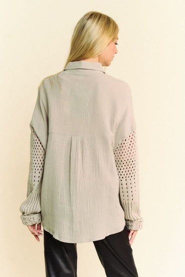 Davi & Dani Crochet Sleeve Crinkled Texture Shirt - Love Salve 